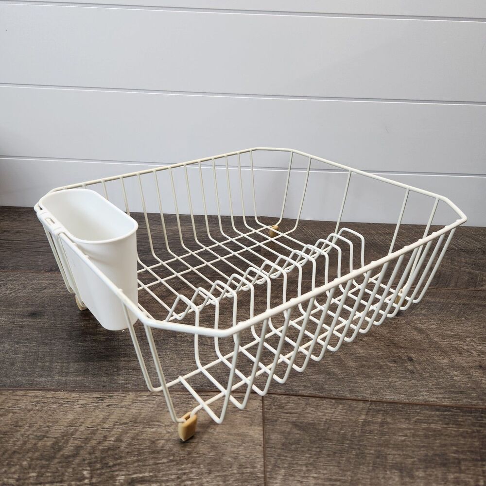 Vtg Rubbermaid White Wire Rubber Coated Dish Drying Rack With Utensil Cup